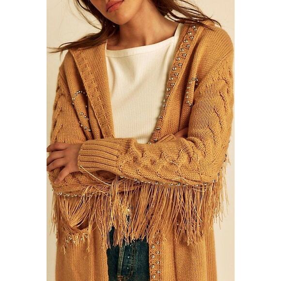 $347! Free People of UNDERSTATED LEATHER  Studded Fringe Cardigan Camel S/M NEW - Picture 3 of 4